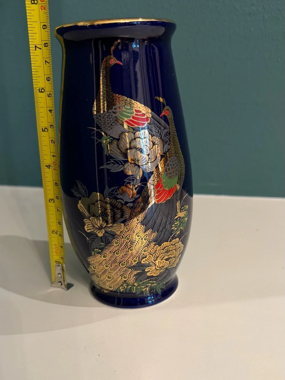 Vintage Japanese Kutani Cobalt Blue Peacock Porcelain Vase Gold Gilt 7.5”